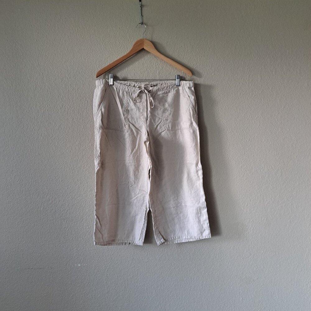 LONDONJEAN Modern Coastal Minimalist Tan Linen Wide Leg Capris Pants Size MM
